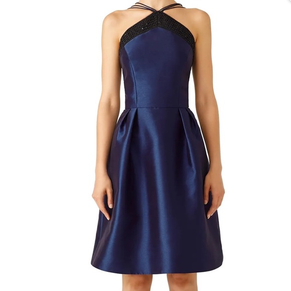 Theia Navy Fit and Flare Short Ballgown with Sequin Neckline - Picture 1 of 12